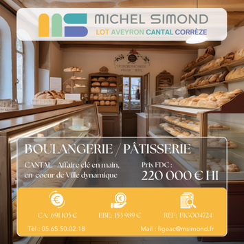 Vente - Boulangerie - Pâtisserie - Traiteur - Cantal (15)