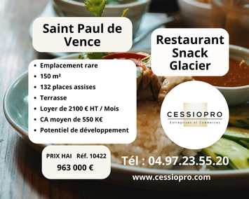 Vente - Restaurant - Glacier - Snack - Saint paul (06570)