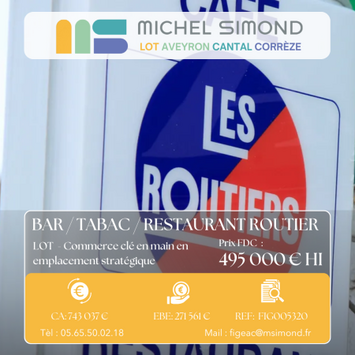 Vente - Bar - Brasserie - Restaurant - Restaurant routier - Tabac - Licence IV - Loto - Vente à emporter - Lot (46)