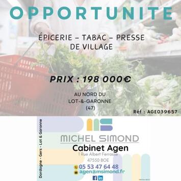 Vente - Tabac - Boulangerie - Alimentation - Cadeaux souvenirs - Epicerie - Fleuriste - Loto - Presse - Superette - Terminal de cuisson - Lot-et-Garonne (47)