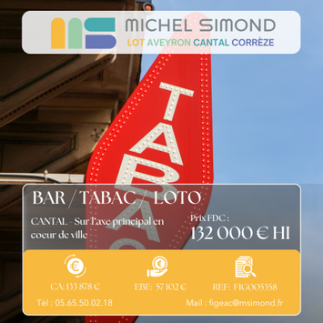 Vente - Bar - Brasserie - Tabac - FDJ - Loto - Cantal (15)