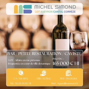Vente - Bar - Brasserie - Restaurant - Restaurant à thème - Bar à thème - Cave à vins - Licence IV - Vins et spiritueux - Lot (46)