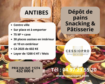Vente - Boulangerie - Pâtisserie - Sandwicherie - Snack - Vente à emporter - Terminal de cuisson - Antibes (06600)