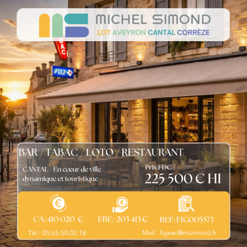 Vente - Bar - Brasserie - Restaurant rapide - Tabac - FDJ - Loto - PMU - Snack - Cantal (15)