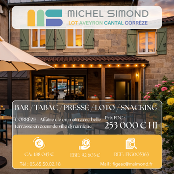 Vente - Bar - Brasserie - Restaurant rapide - Tabac - Loto - Presse - Snack - Corrèze (19)