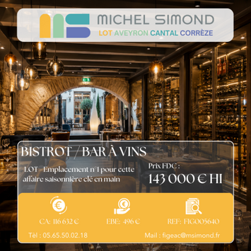 Vente - Bar - Restaurant - Cave à vins - Licence IV - Vins et spiritueux - Lot (46)
