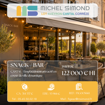 Vente - Bar - Restaurant rapide - Licence IV - Snack - Cantal (15)